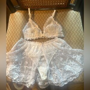 Marilyn Monroe brand White Sheer Lace Bralette with Skirted Panty Set